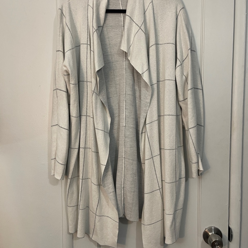 Eileen Fisher Gray Windowpane Plaid Open Cardigan